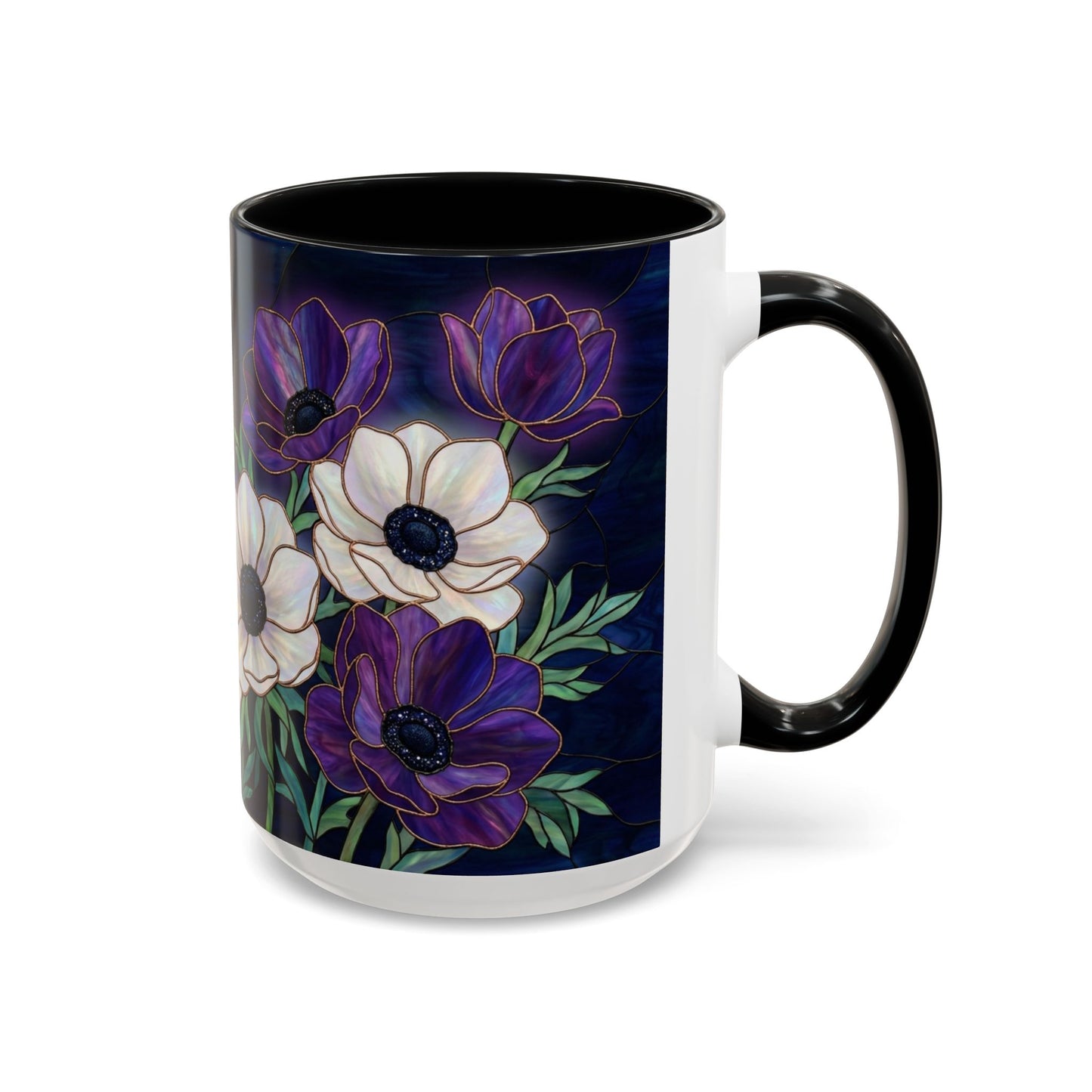 Floral Anemone Accent Coffee Mug — Stained Glass Design 11/15oz - 14552