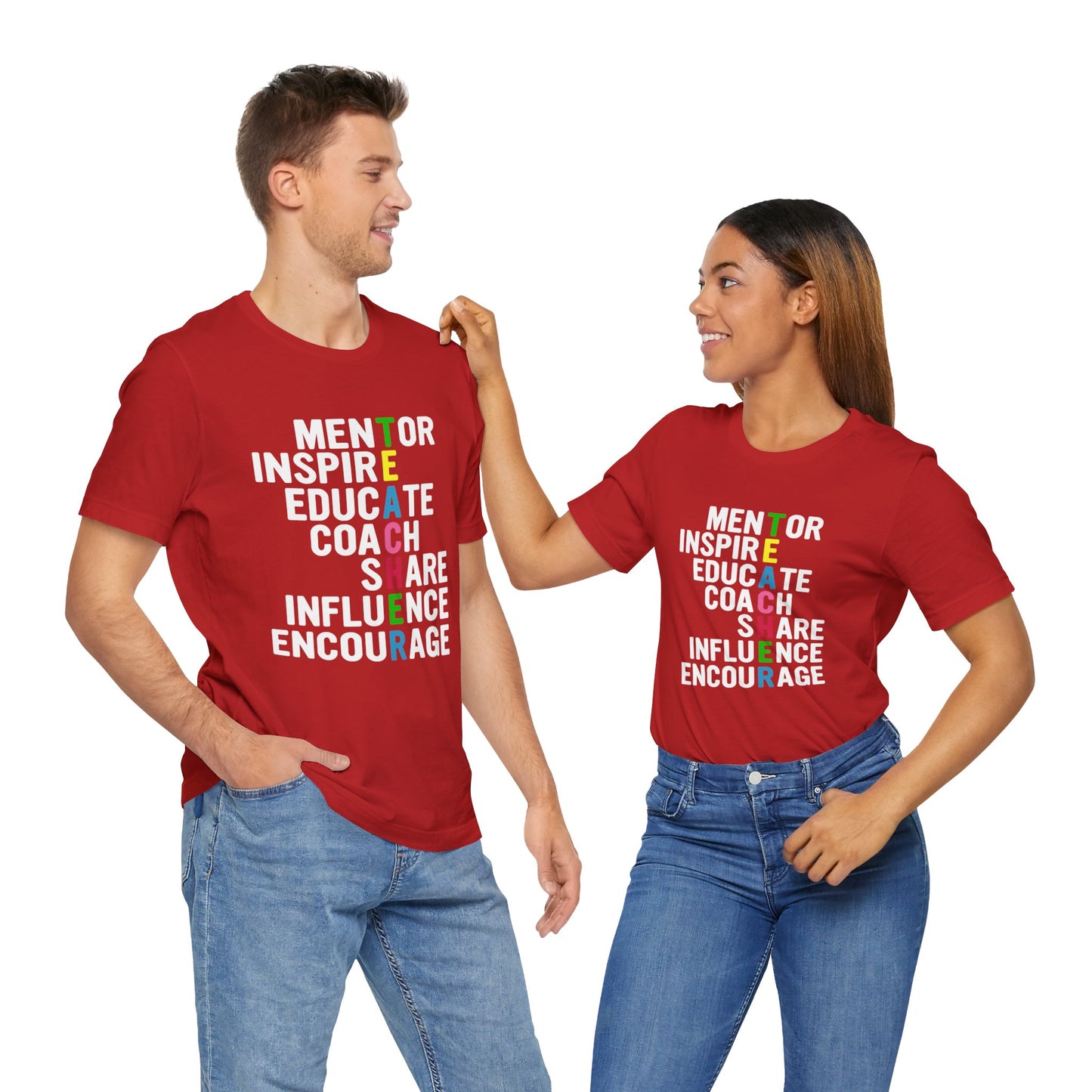 Teacher: Mentor Inspire, Educate, Coach, Share, Influence, Encourage - Unisex Jersey Short Sleeve Tee