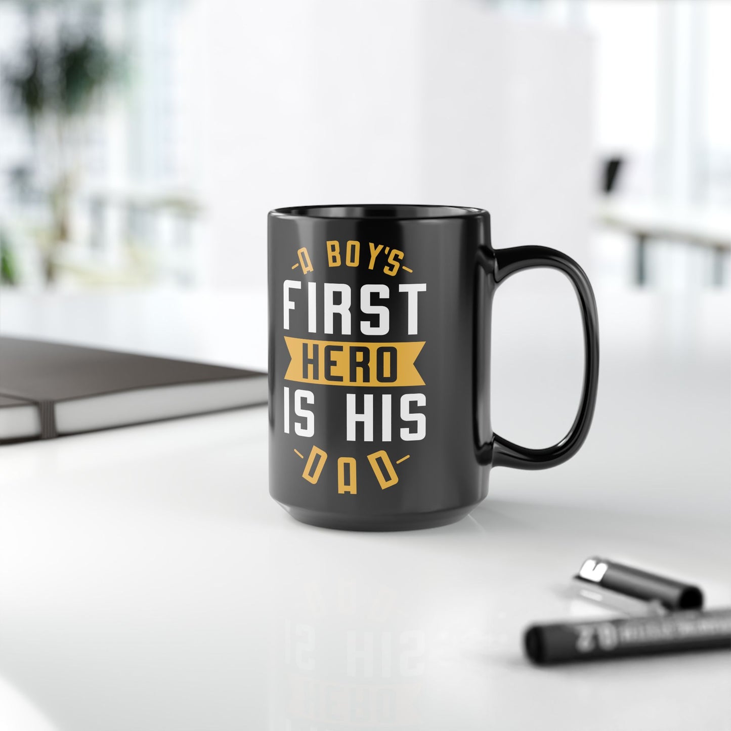 "A Boy's First Hero Is His Dad" Black Mug, 11/15oz - 12915
