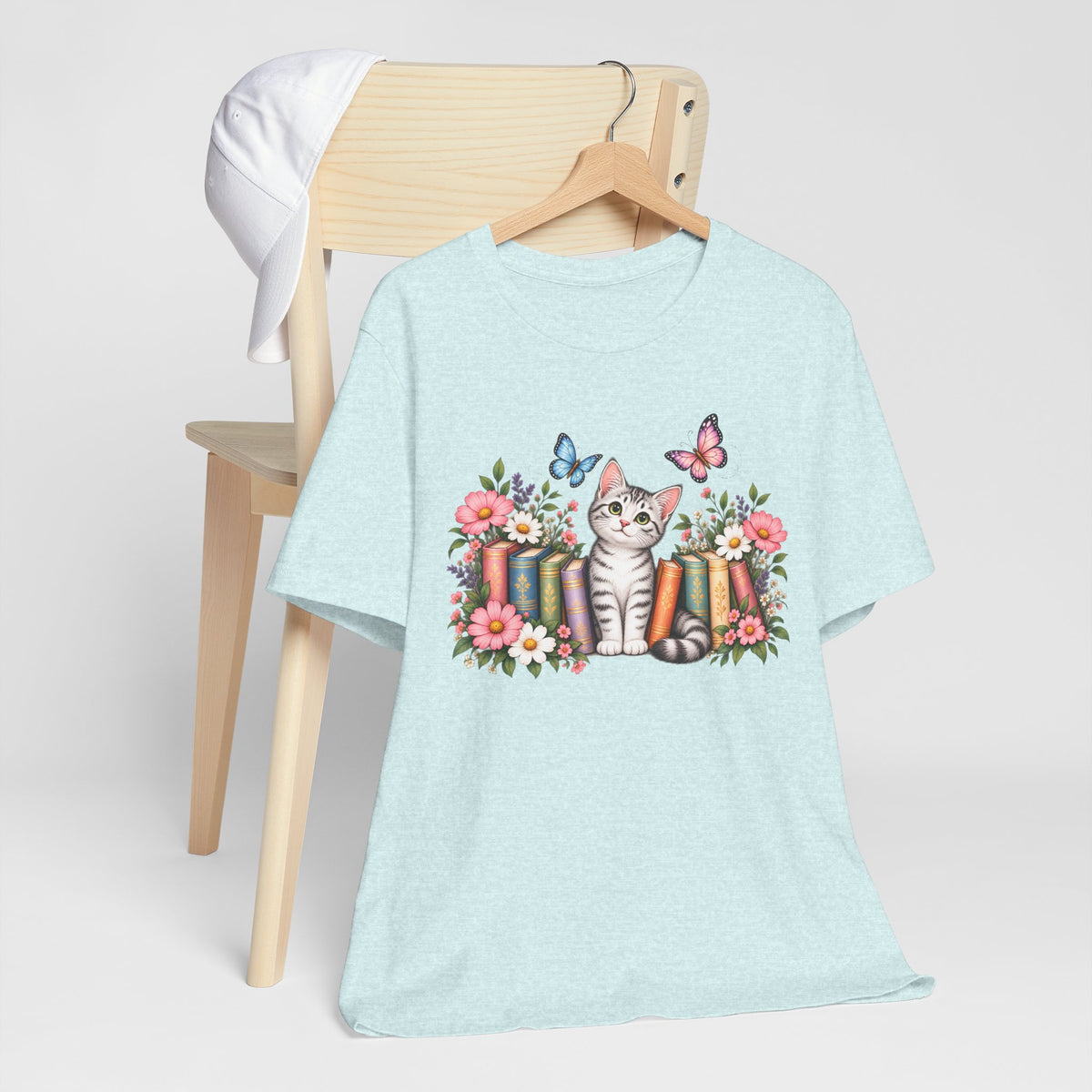 Cat & Books T-Shirt, Cute Floral Kitten & Butterfly Tee - 14526
