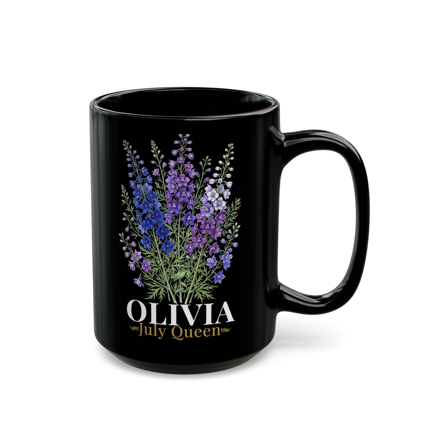 Personalized July Birth Flower Mug – Custom Name Larkspur Floral Coffee Cup, July Queen Gift for Her, Black Mug 11oz 15oz - 14905
