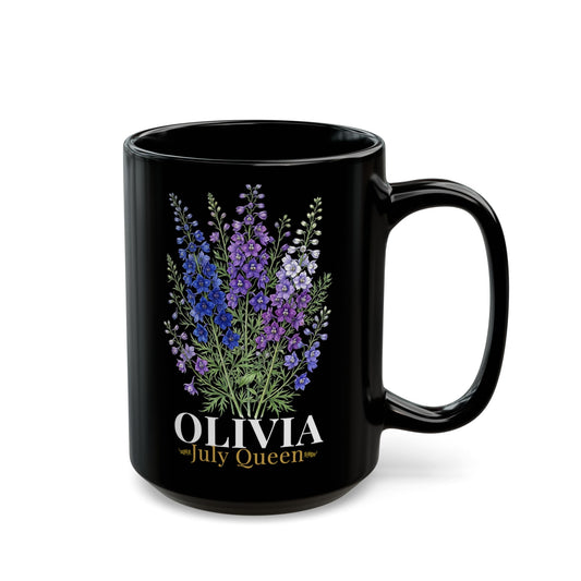Personalized July Birth Flower Mug – Custom Name Larkspur Floral Coffee Cup, July Queen Gift for Her, Black Mug 11oz 15oz - 14905