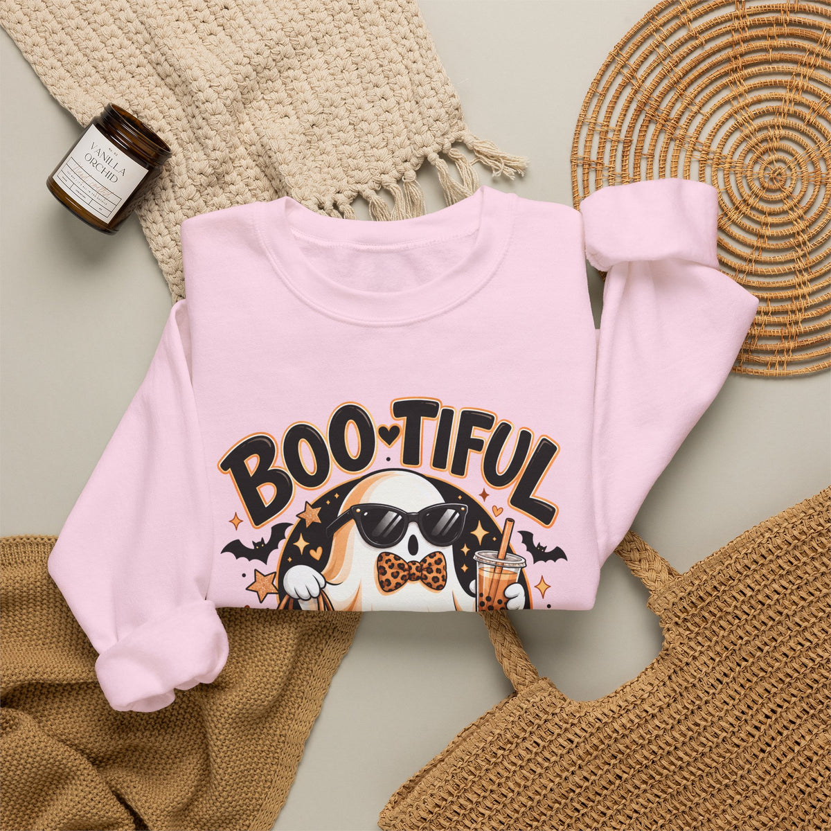 Boo-tiful Halloween Ghost Sweatshirt,  Leopard Print Crewneck - 14523