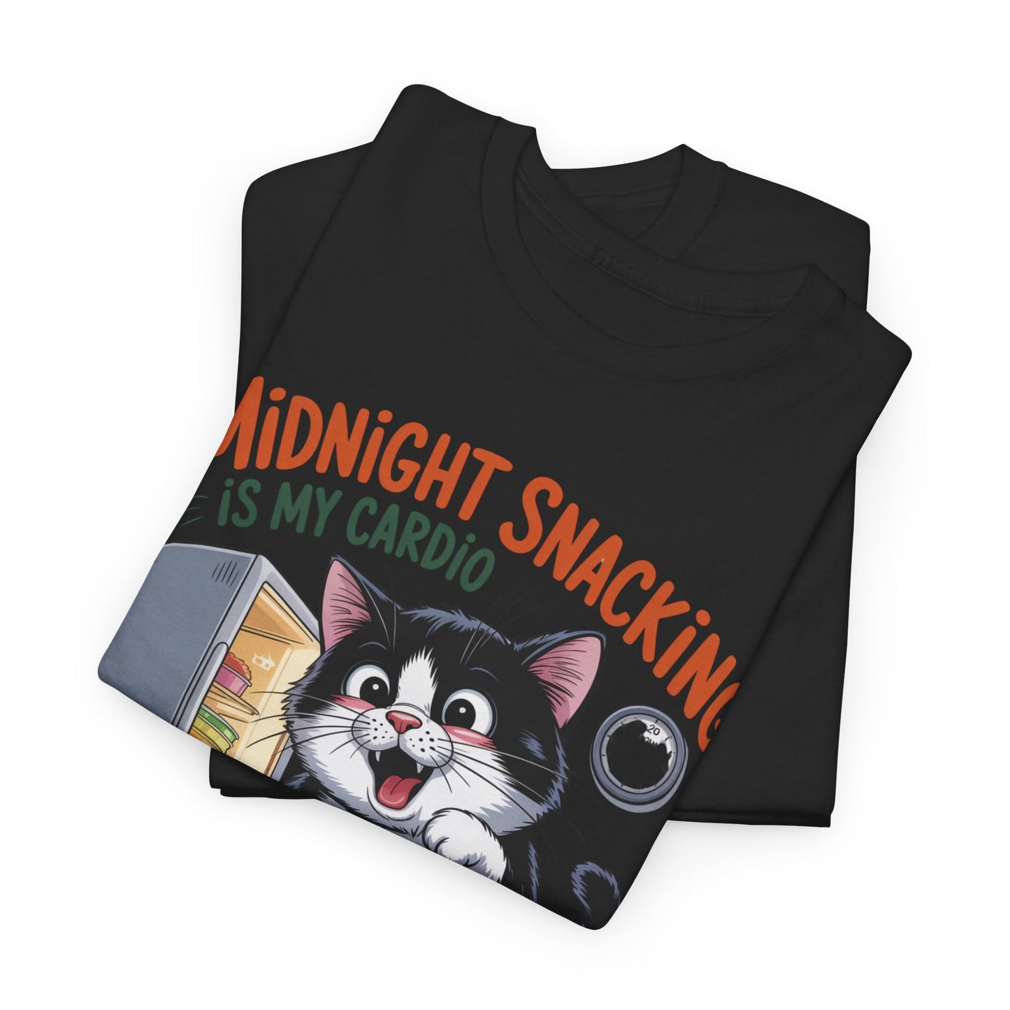 Midnight Snacking Is My Cardio T-Shirt — Funny Cat Graphic Tee, Cute Food Lover Gift - 14865