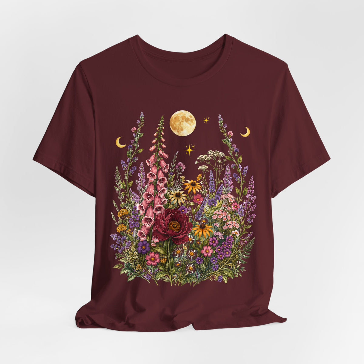 Floral Moon Garden T-Shirt, Vintage Wildflower & Celestial Graphic Tee - 14961