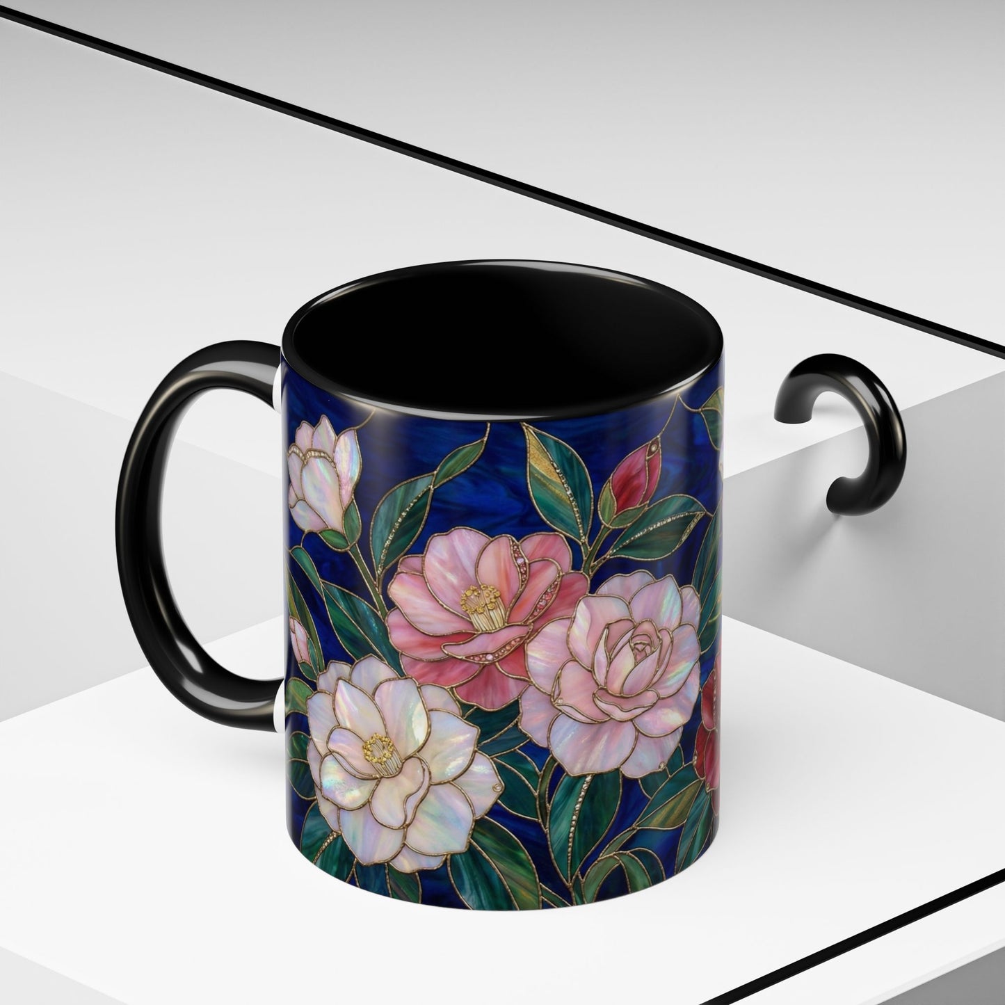 Camellia Floral Accent Coffee Mug — Stained Glass Design (11/15oz) - 14558