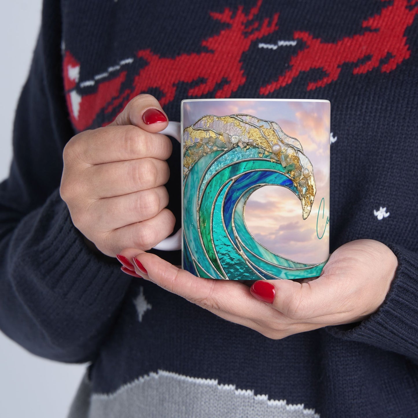 Personalized Ocean Wave Mug – Turquoise Coastal Ceramic Coffee Cup - 14899