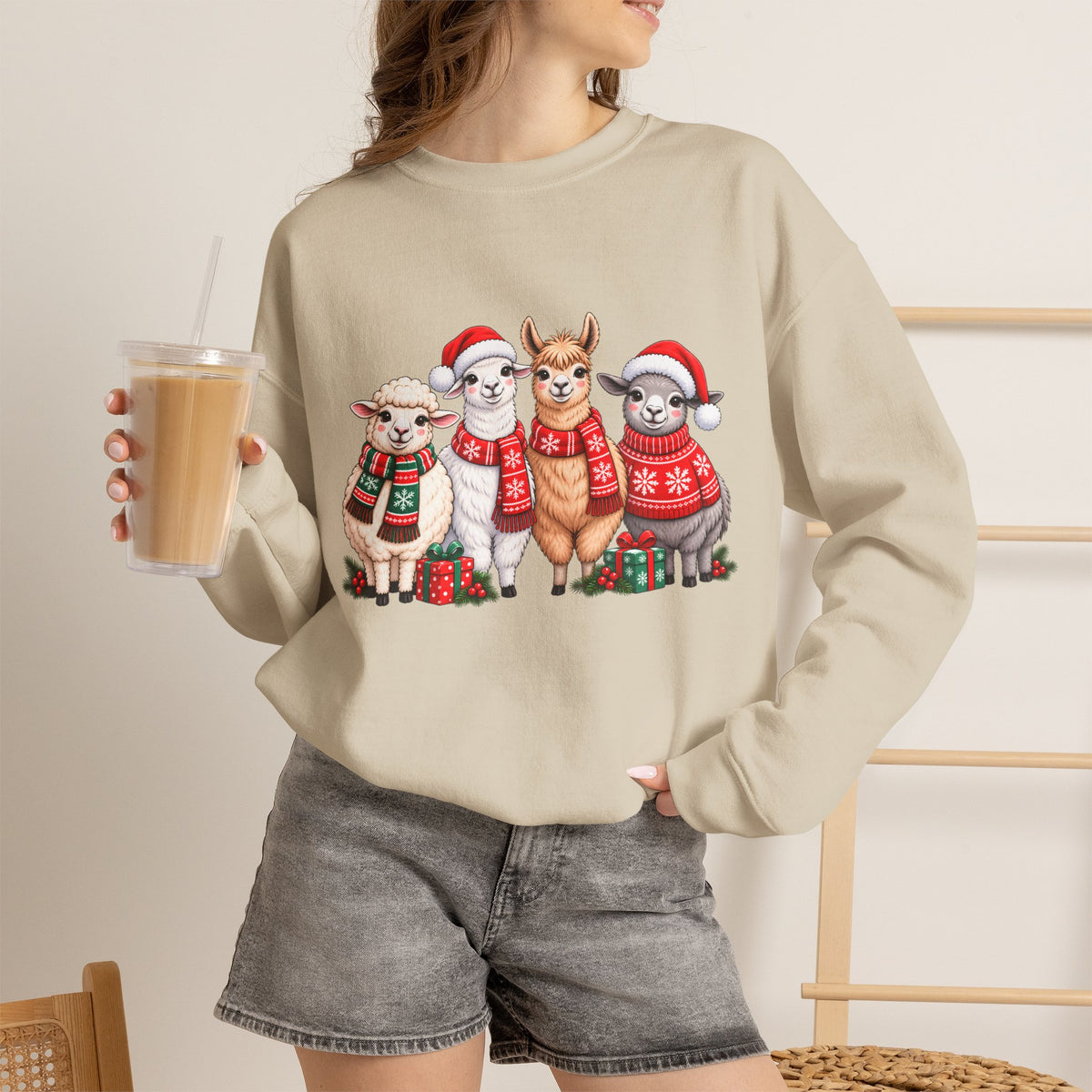 Festive Christmas Animal Friends Sweatshirt, Cute Sheep & Alpaca Holiday Crewneck - 14553