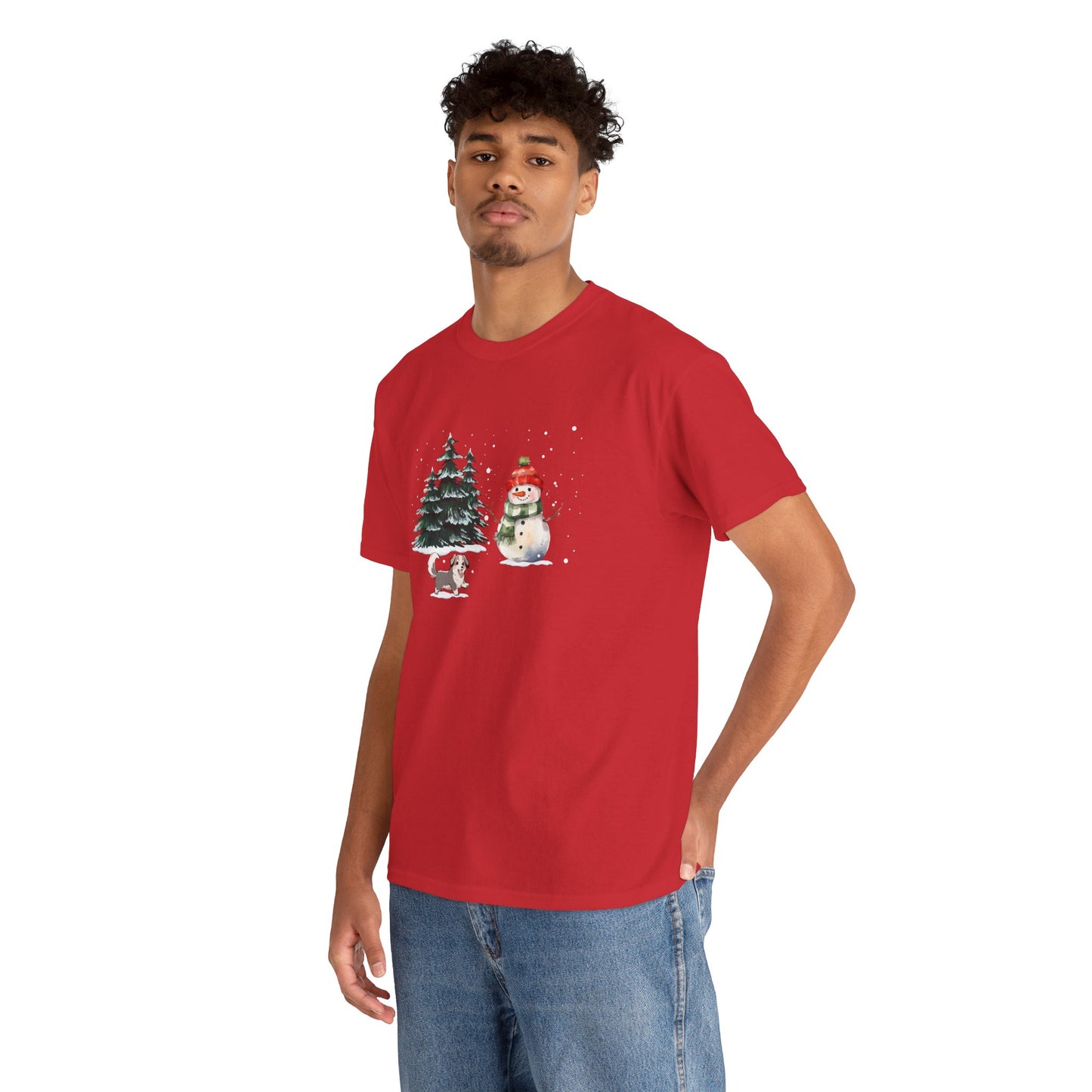 Winter Trees, Snowman & Puppy - Unisex Heavy Cotton Tee - 10278