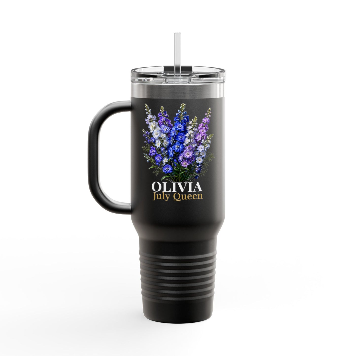 Personalized July Queen 40oz Travel Mug – Custom Name Larkspur Birth Flower Tumbler, Insulated July Birthday Gift for Her - 14908