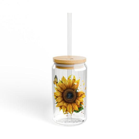 Sunflower & Butterfly,  Customizable - Sipper Glass, 16oz