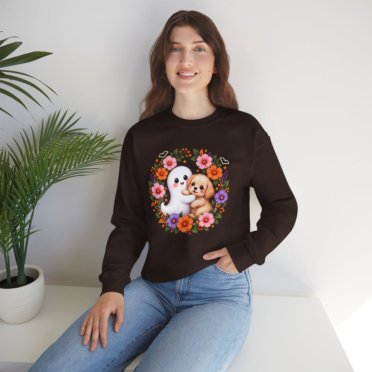 Cute Ghost & Puppy Halloween Sweatshirt,  Floral Crewneck - 14515