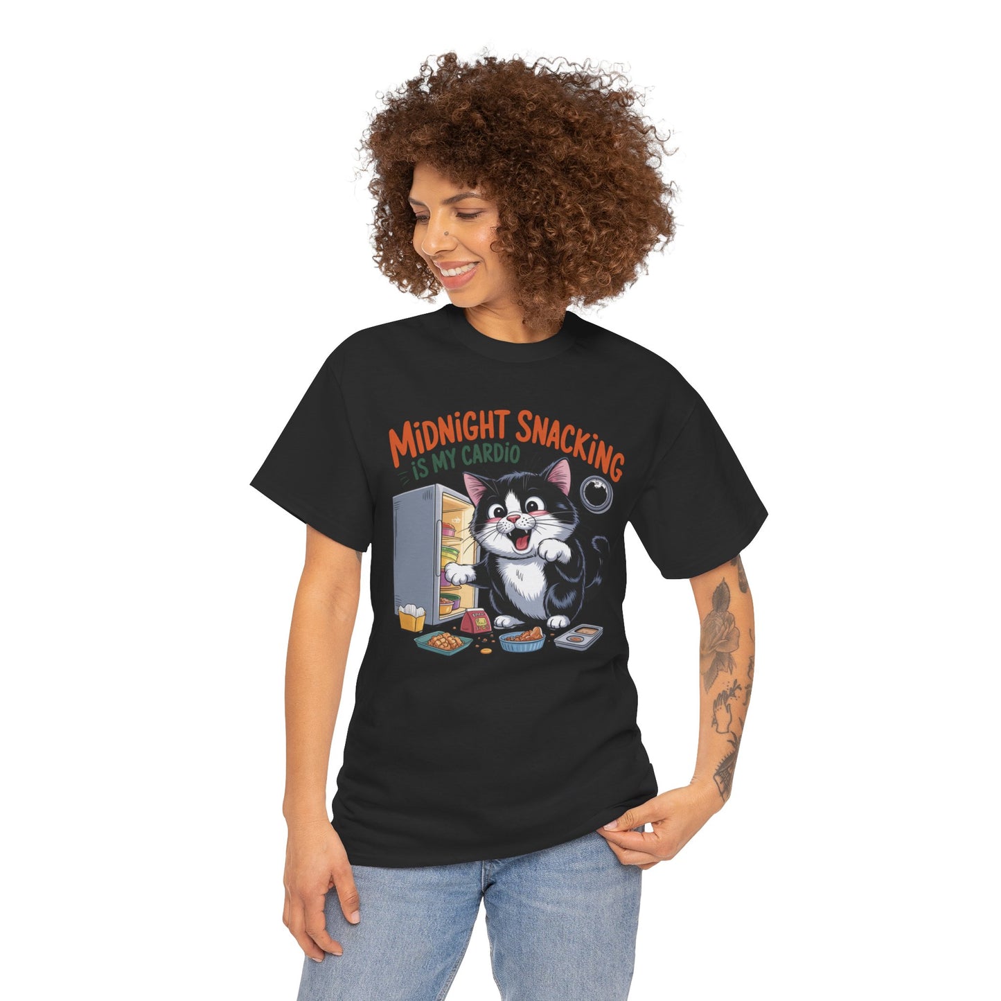 Midnight Snacking Is My Cardio T-Shirt — Funny Cat Graphic Tee, Cute Food Lover Gift - 14865