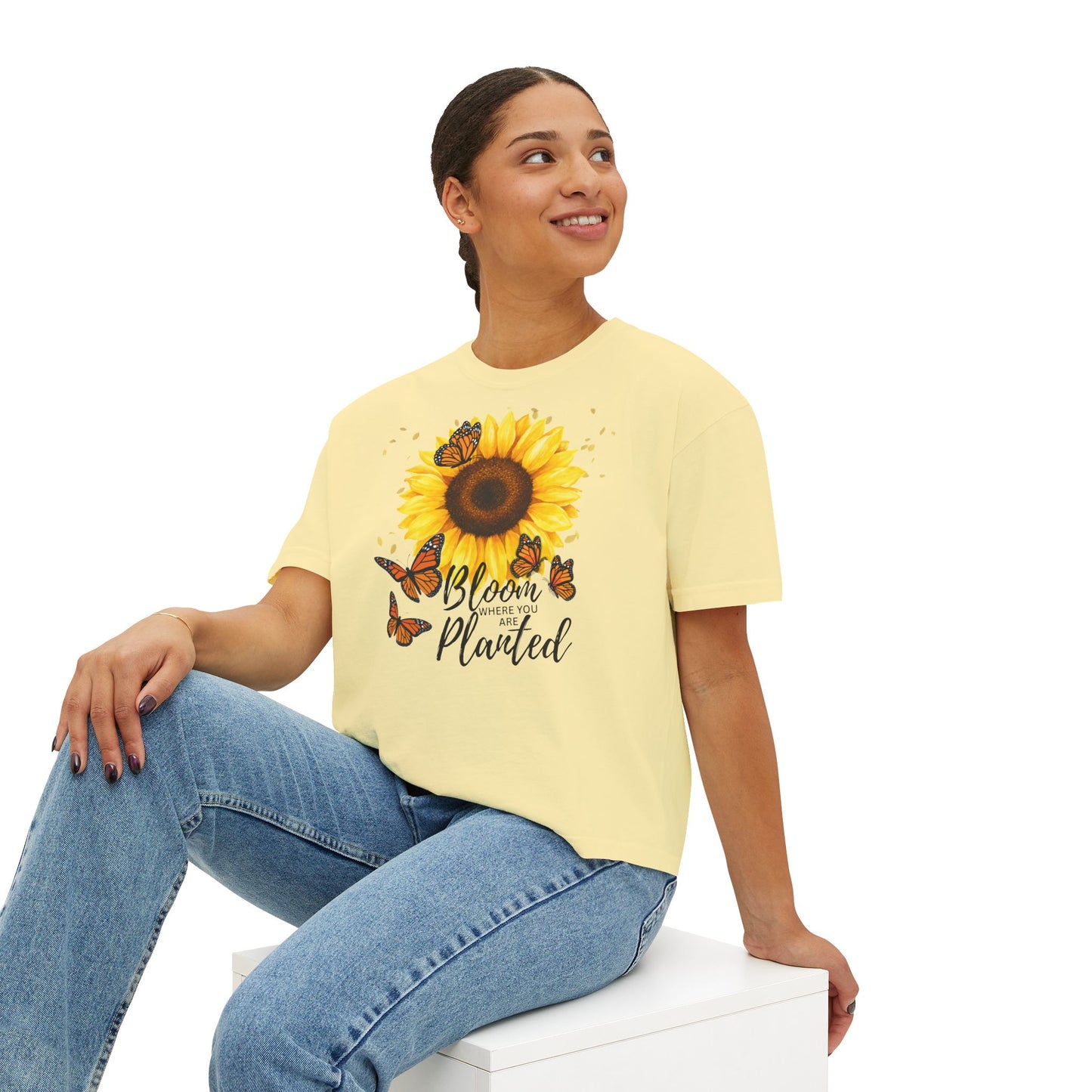 Bloom Where You’re Planted Sunflower T-Shirt, Floral Butterfly Graphic Tee - 14922