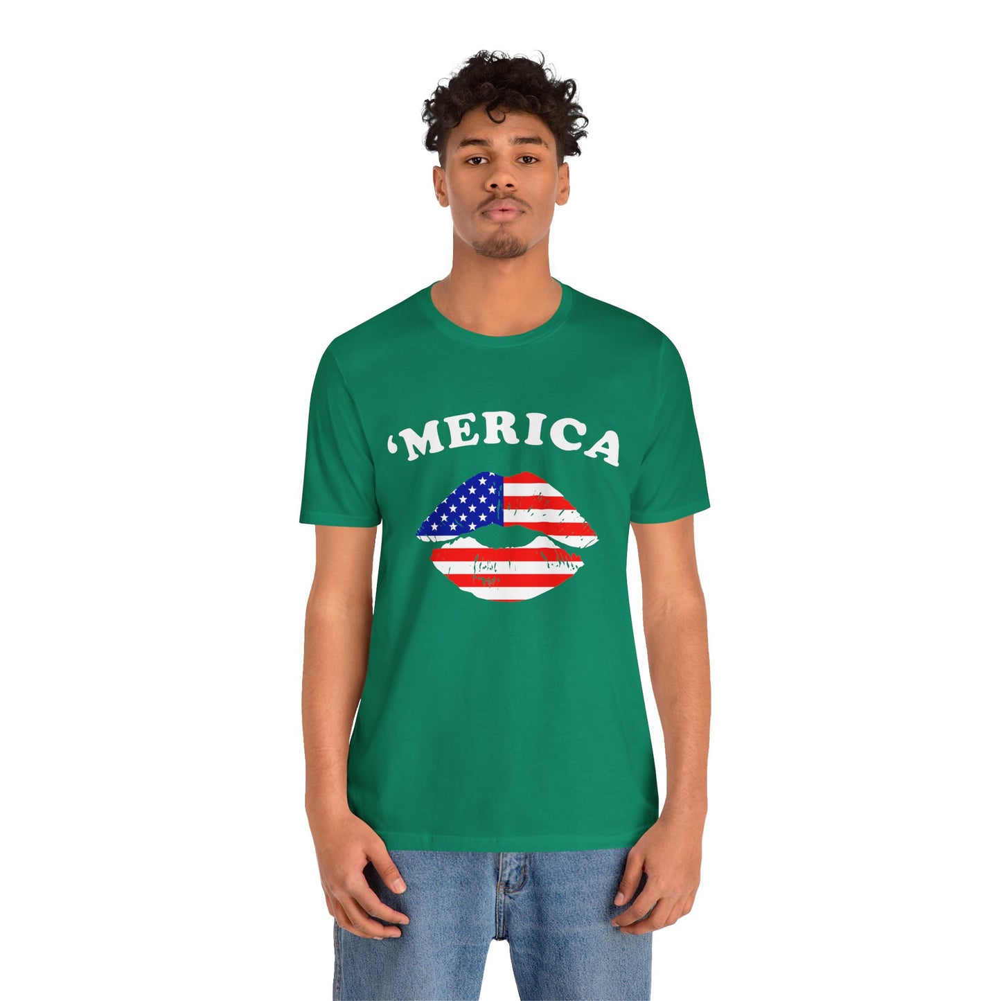 'Merica Unisex Jersey Tee, Patriotic Short Sleeve Shirt, USA Flag Design, Independence Day Apparel, Festival Wear, Summer Casual - 13519