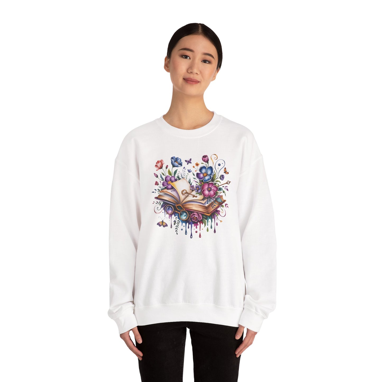 Floral Magic Book Crewneck Sweatshirt – Colorful Open Book Art for Book Lovers - 14831