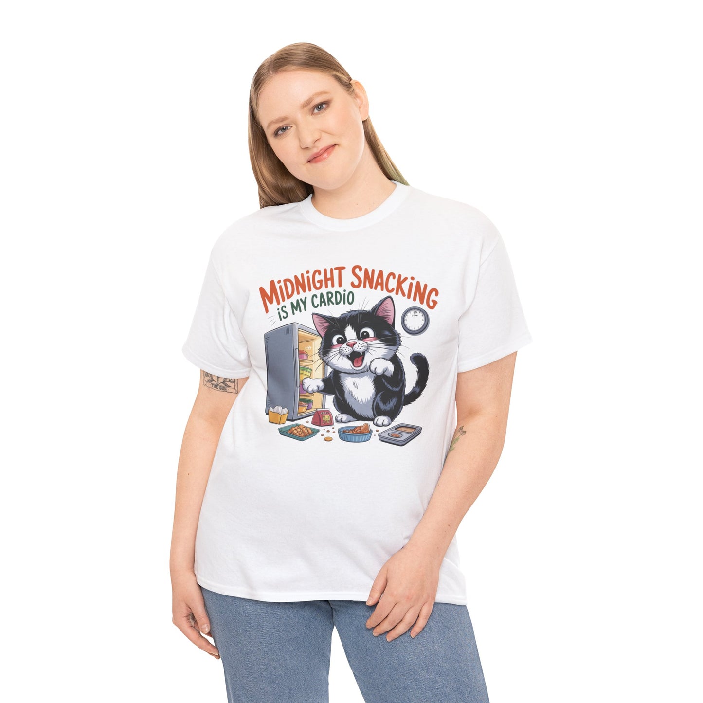 Midnight Snacking Is My Cardio T-Shirt — Funny Cat Graphic Tee, Cute Food Lover Gift - 14865