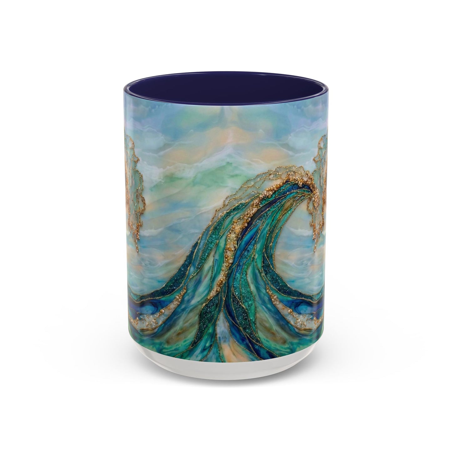 Ocean Heart Wave Coffee Mug — Teal Blue Accent Beachy Ceramic Mug (11/15oz) - 14521