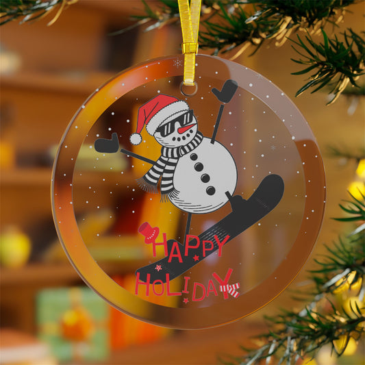 Cool Snowman Snowboarding - Glass Ornaments - 10423