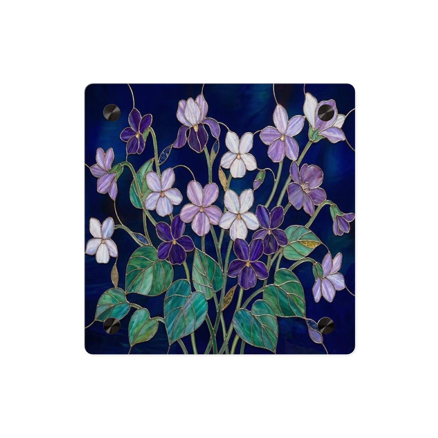 Violet Floral Acrylic Wall Art Panel — Purple Violets on Deep Blue - 14600