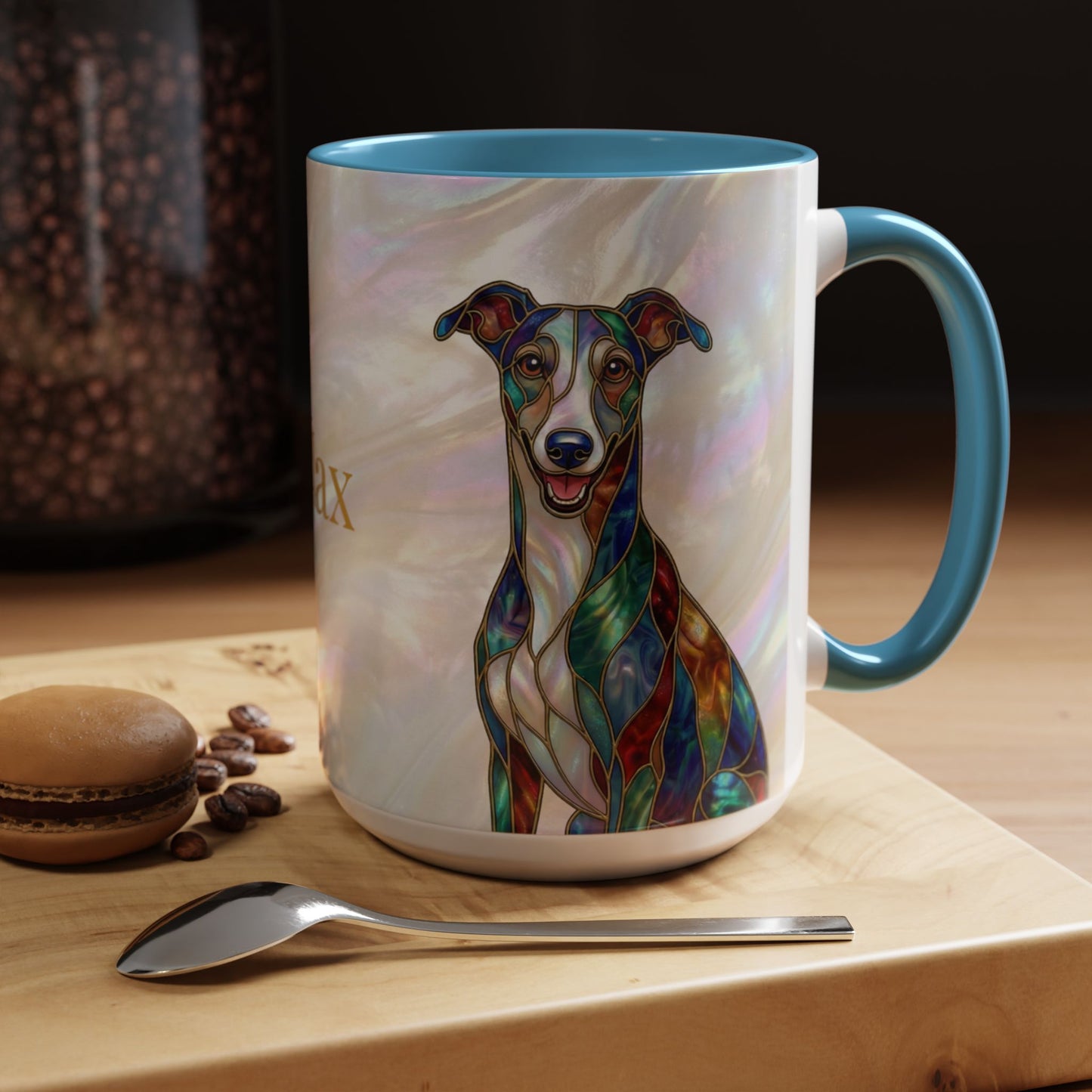 Personalized Greyhound Coffee Mug – Stained Glass Dog Accent Mug (Name Customizable)  - 14523