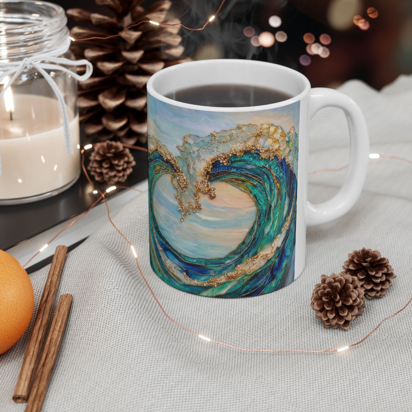 Ocean Wave Ceramic Mug — Teal & Gold Coastal Art Coffee Cup (11oz, 15oz) - 14522
