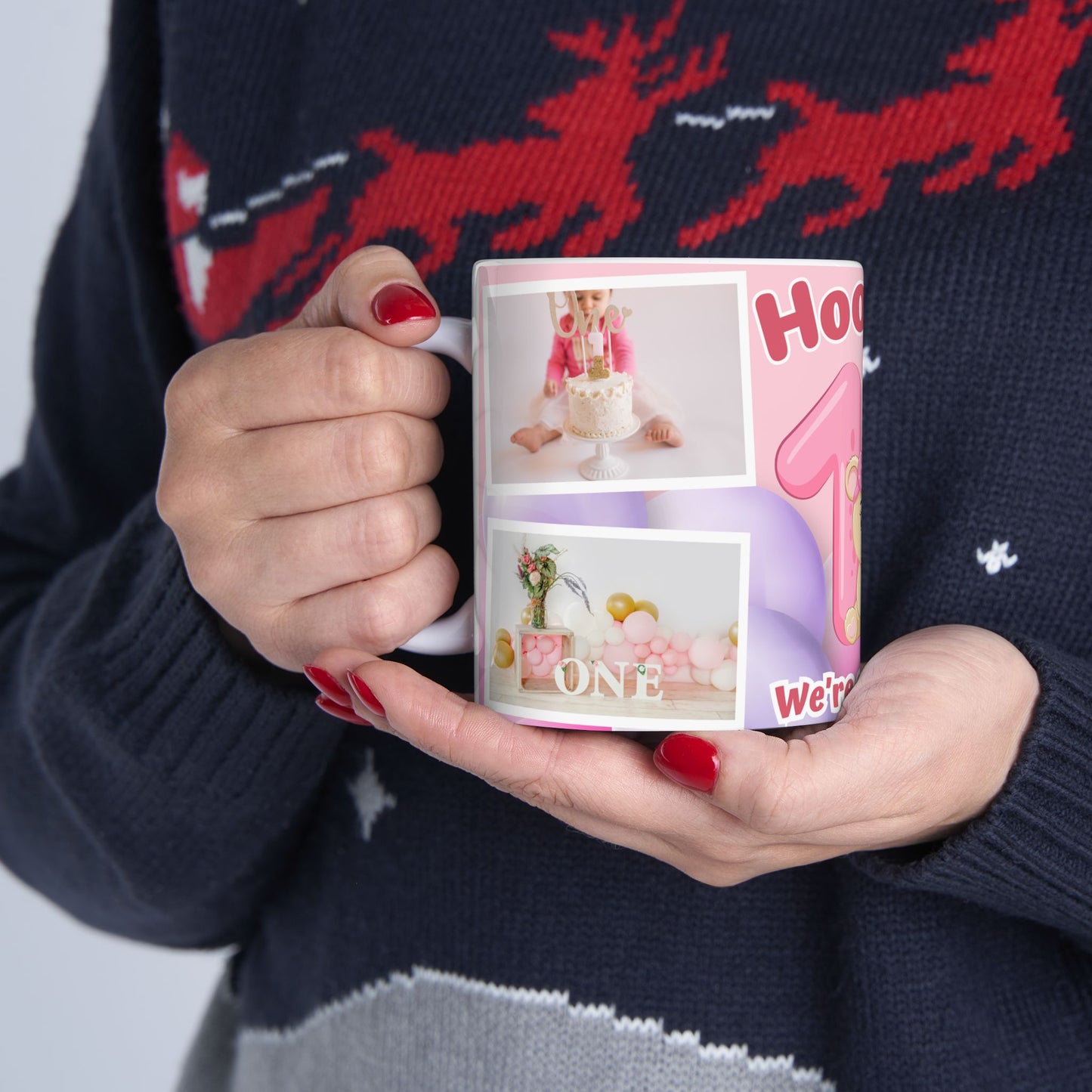 Cute Birthday Memory Ceramic Mug | Hooray! We're already 1 | Photo Collage Mug | Perfect Gift, Baby's 1st Birthday, Milestone Celebration - 13999