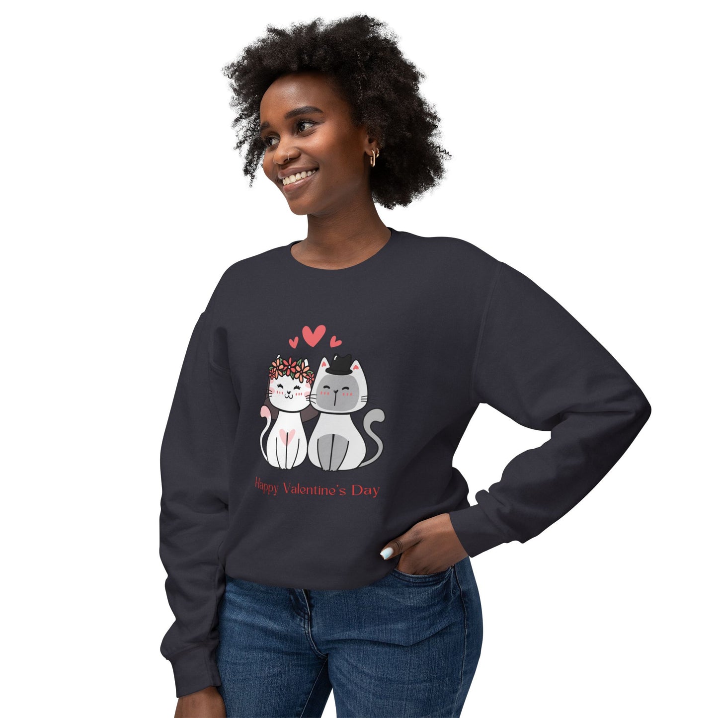 Two Cats, Happy Valentine's Day - Unisex Lightweight Crewneck Sweatshirt - 11387