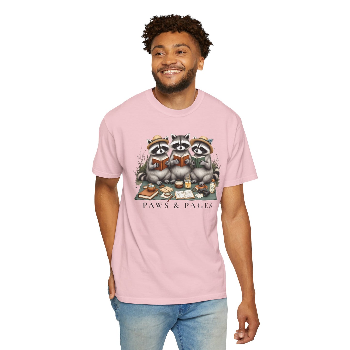 Paws & Pages Raccoon Reading T-Shirt – Cute Book Lover Graphic Tee, Cozy Reader Gift Shirt - 14816