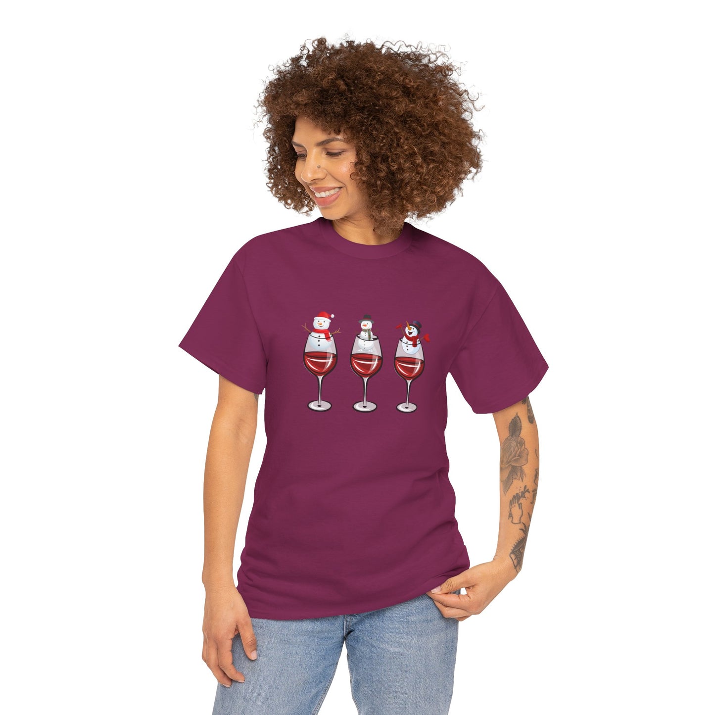 Snowmen & Glass of Wine - Unisex Heavy Cotton Tee