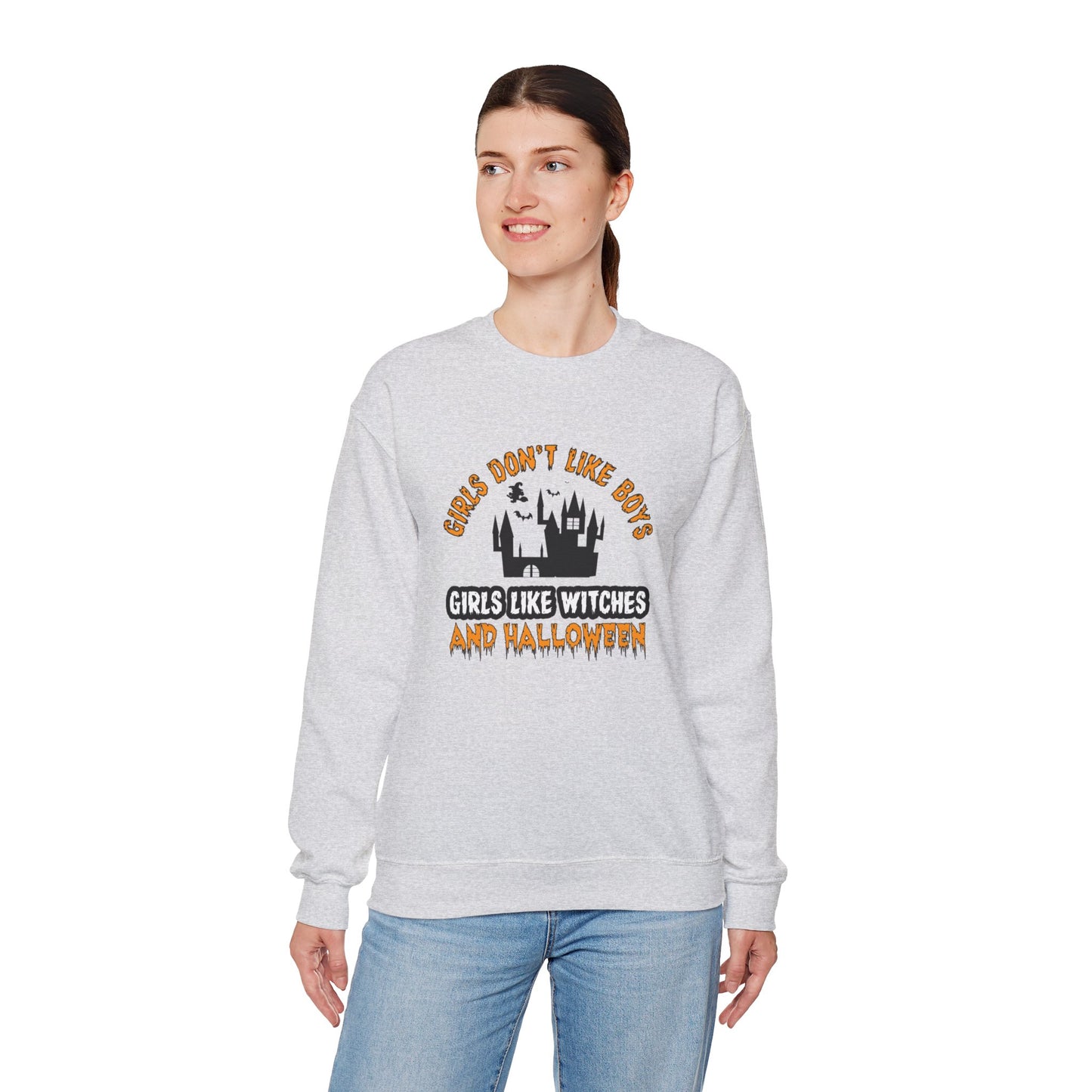 Girls Don't Like Boys. Girls Like Witches and Halloween - Unisex Heavy Blend™ Crewneck Sweatshirt