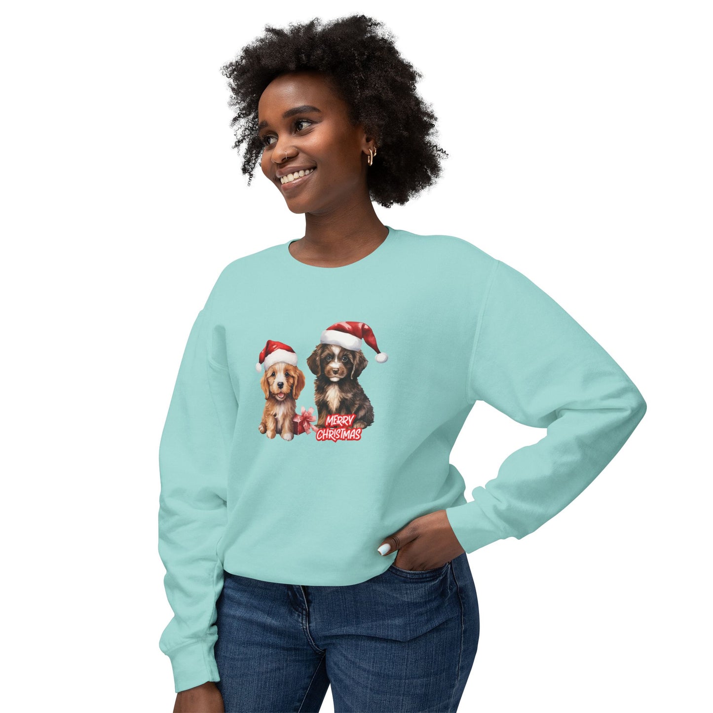 Two Puppies, Merry Christmas - Unisex Lightweight Crewneck Sweatshirt - 10269