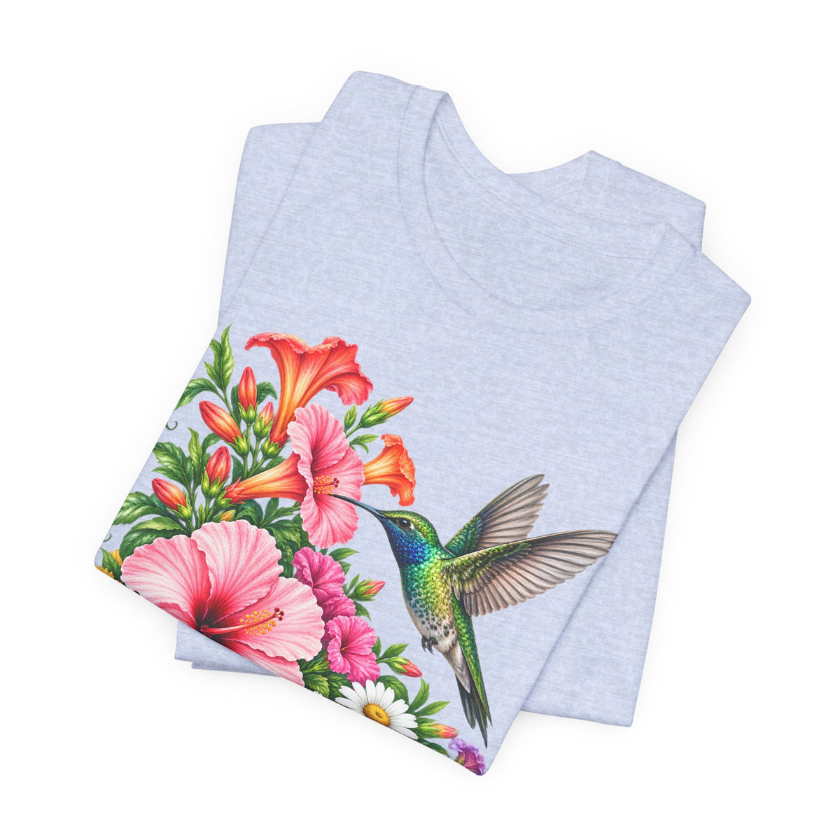 Hummingbird & Hibiscus T-Shirt, Colorful Tropical Floral Garden Tee - 14542
