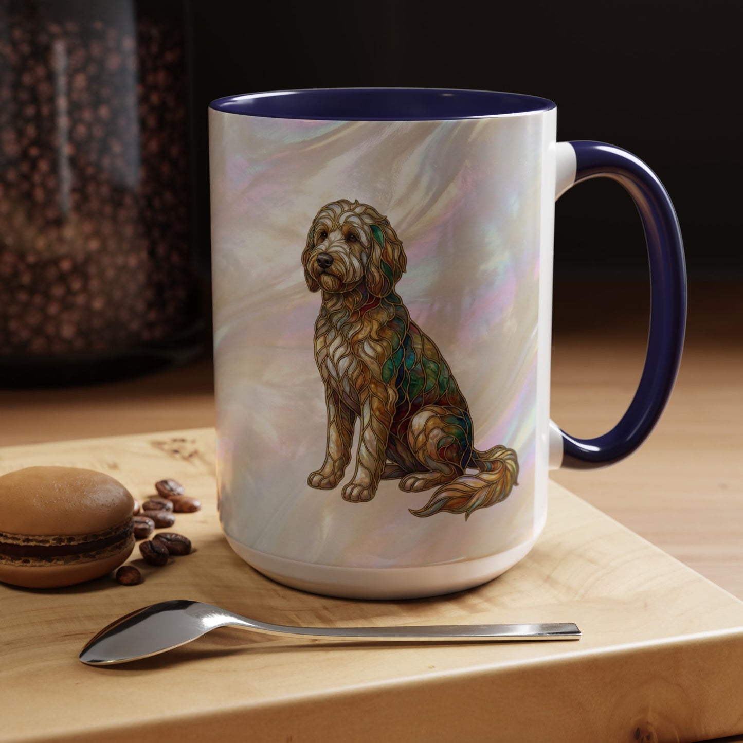 Personalized Dog (Goldendoodle) Coffee Mug - Accent Ceramic Mug with Name and Stained Glass Design - 14530