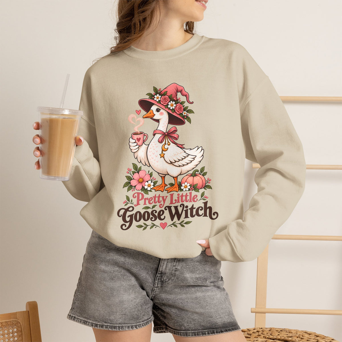 Pretty Little Goose Witch Sweatshirt, Cute Floral Halloween Crewneck - 14532
