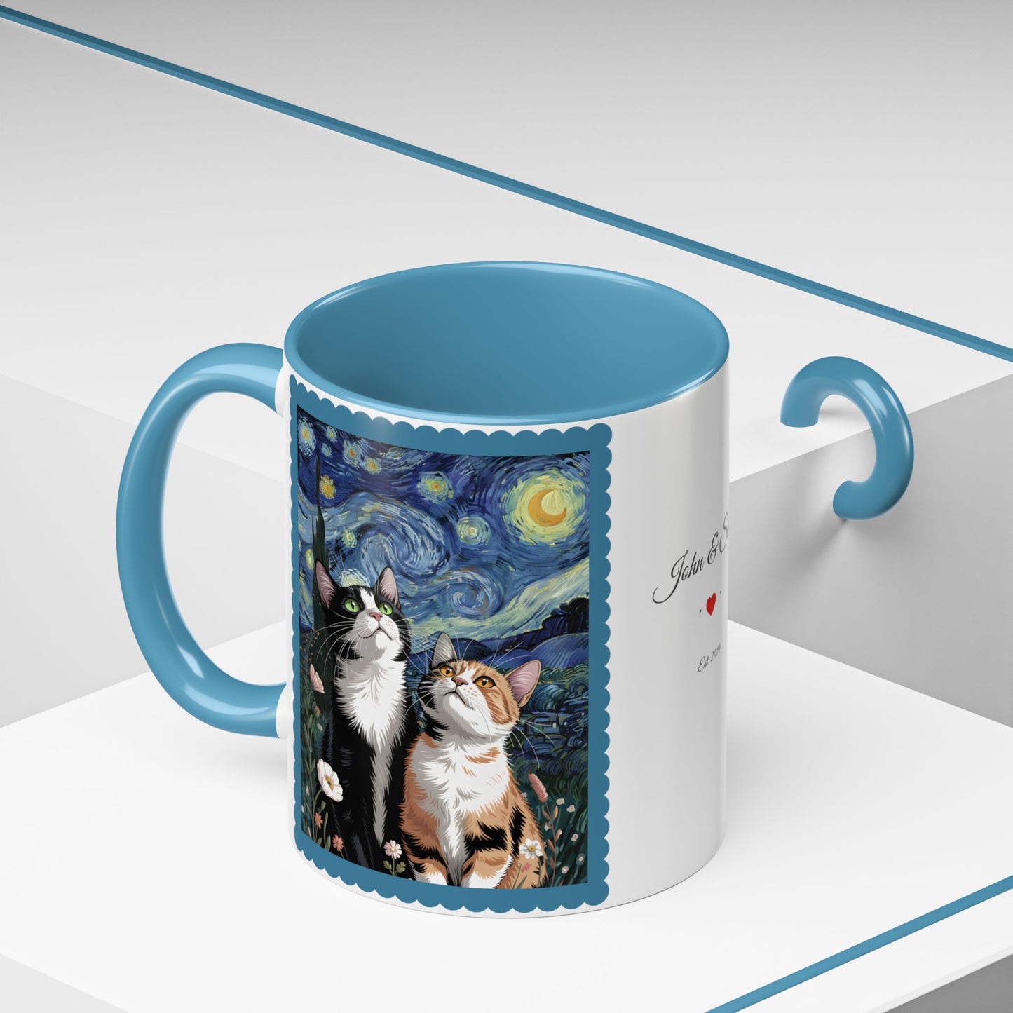 Van Gogh Inspired Cats Art Mug – Personalized Valentine’s Gift with Custom Names & Established Year (11oz / 15oz)  - 14767