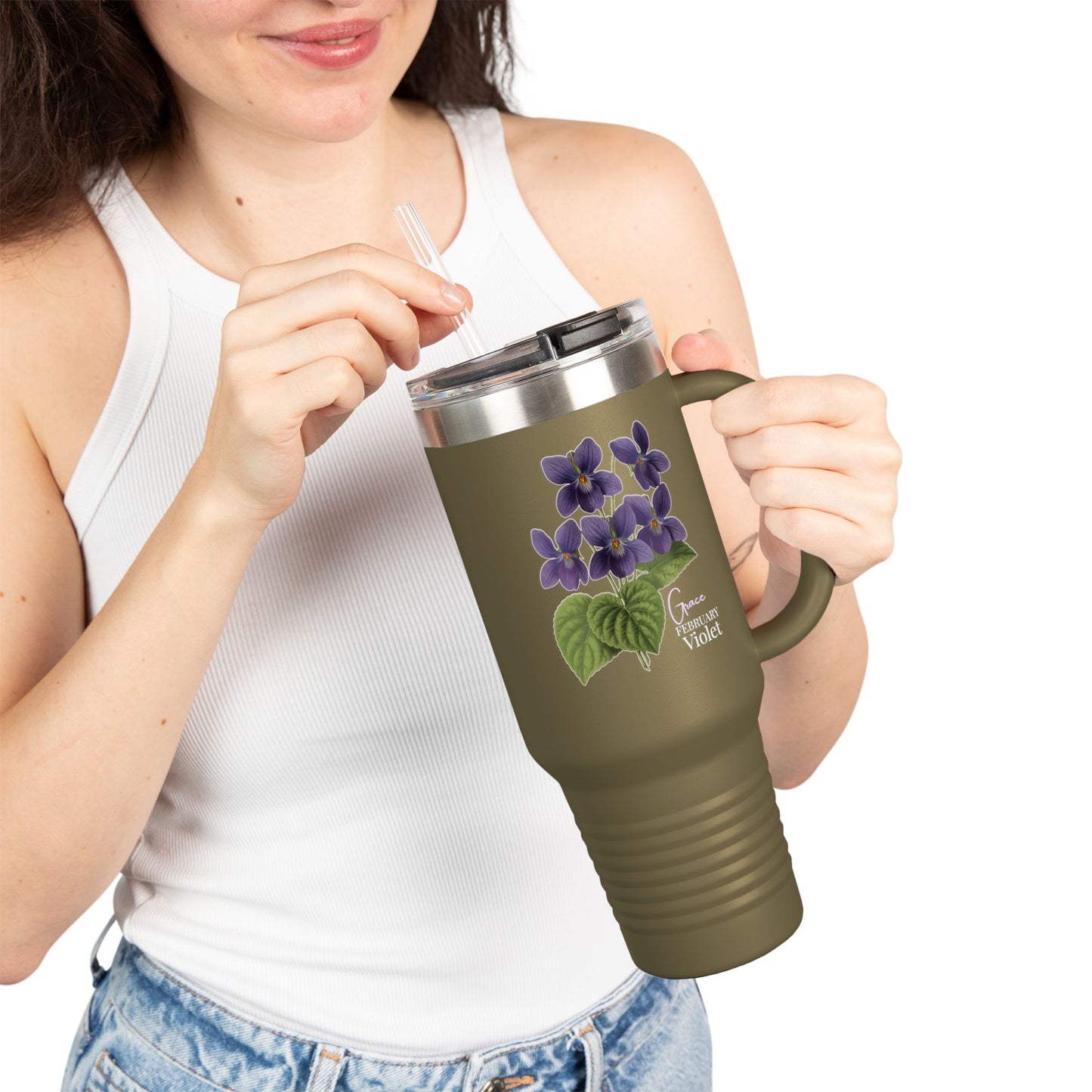 Violet Floral Tumbler – February Birth Flower Gift | 40oz Insulated Travel Mug, Customizable — 14688
