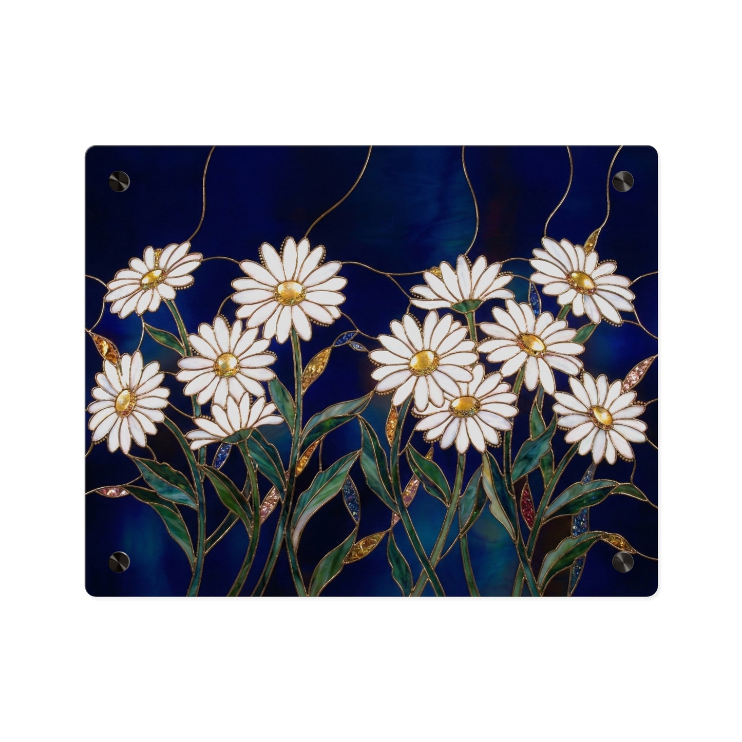 Daisy Stained-Glass Acrylic Wall Art Panel — White Daisies on Deep Blue Background - 14602