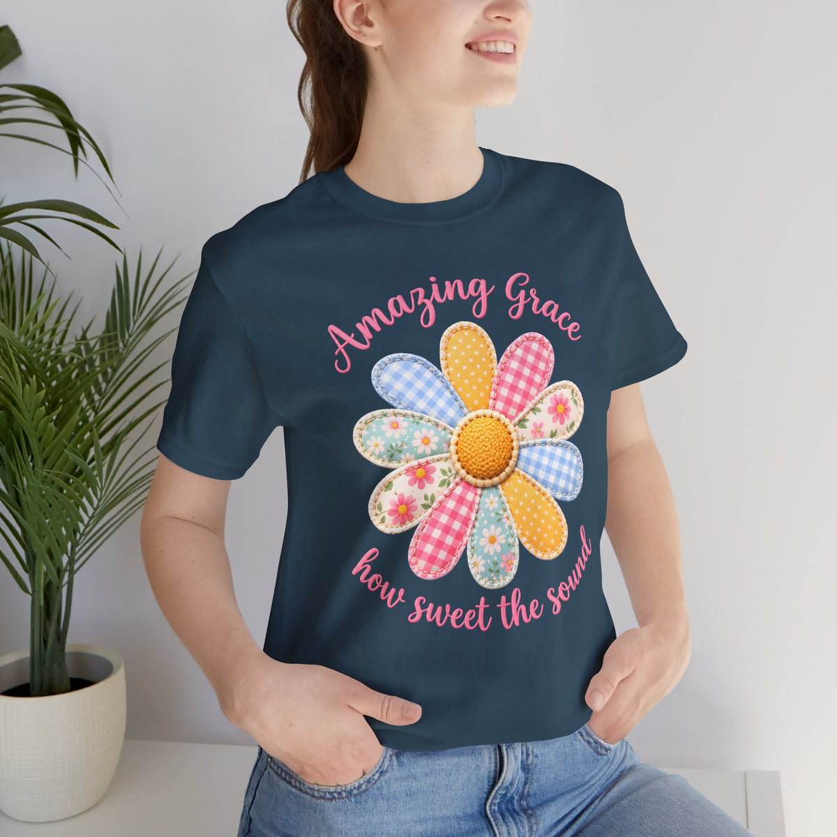 Amazing Grace Daisy T-Shirt, “How Sweet the Sound” Floral Christian Tee - 14992