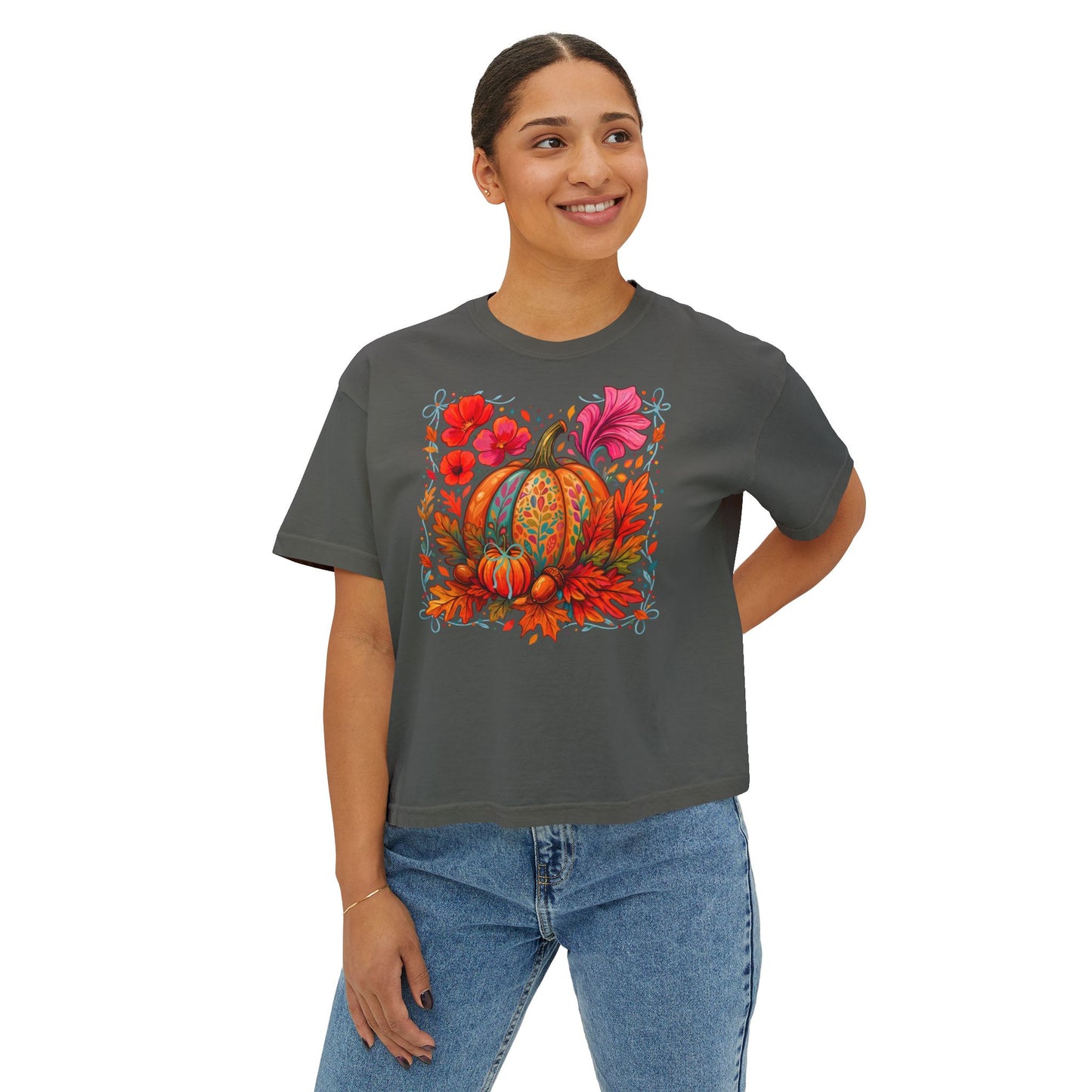 Autumn Pumpkin Floral Boxy T-Shirt,  Women’s Fall Harvest Graphic Tee - 14929