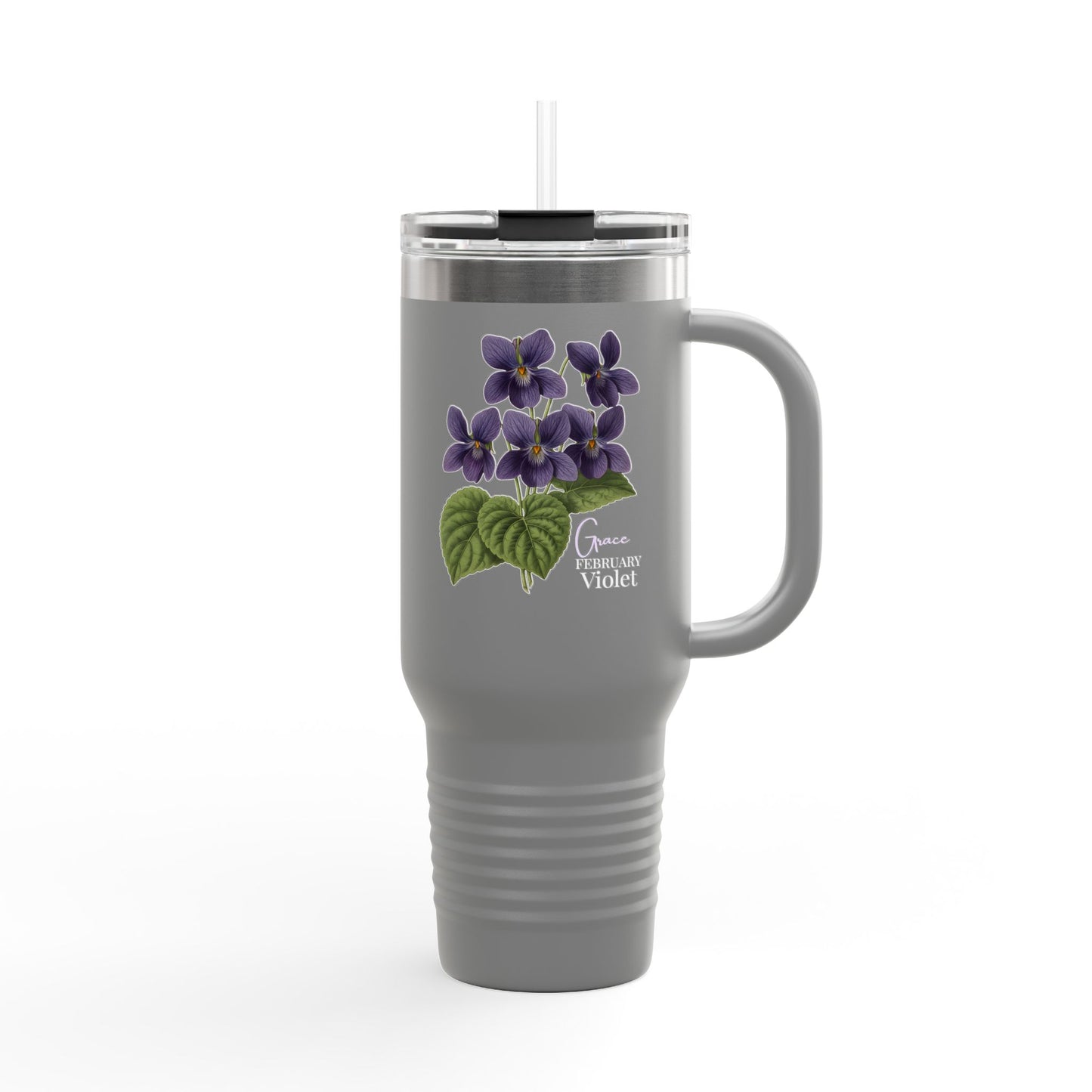 Violet Floral Tumbler – February Birth Flower Gift | 40oz Insulated Travel Mug, Customizable — 14688