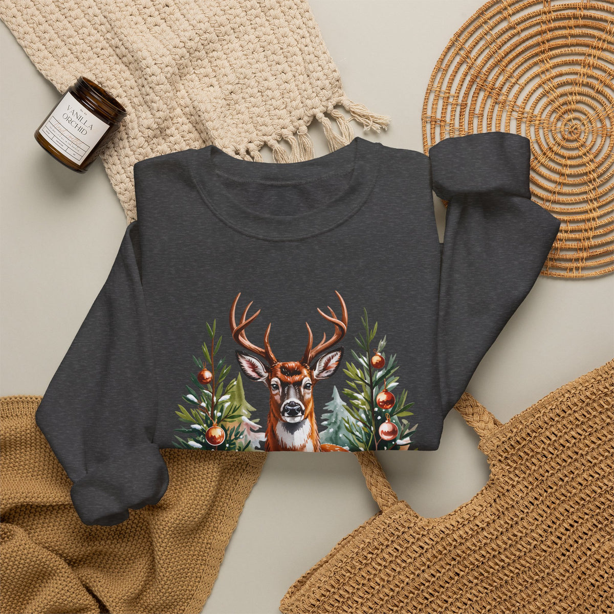 Christmas Deer Sweatshirt, Vintage Woodland Holiday Crewneck - 14562