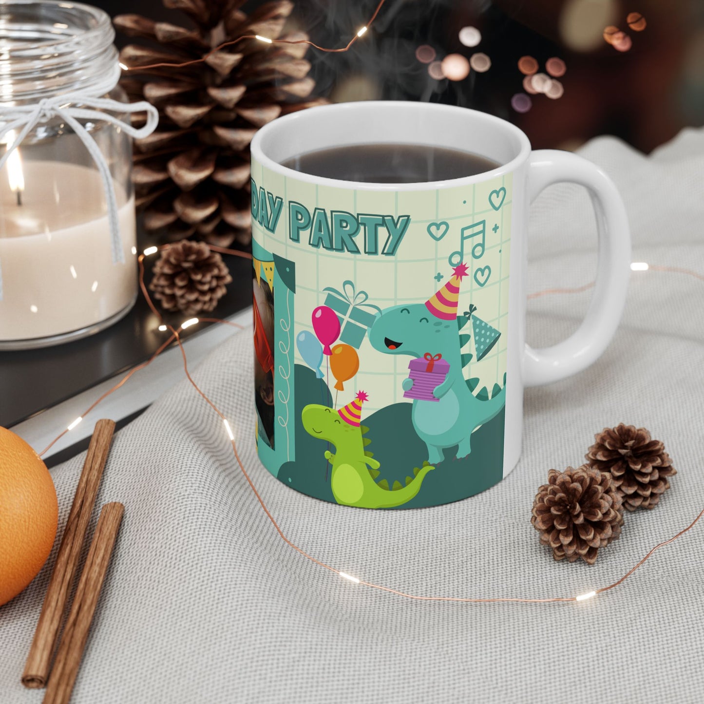 Birthday Party Dino Mug, Fun Kids Mug, Celebration Drinkware, Dinosaur Gift, Party-Themed Ceramic - 14000