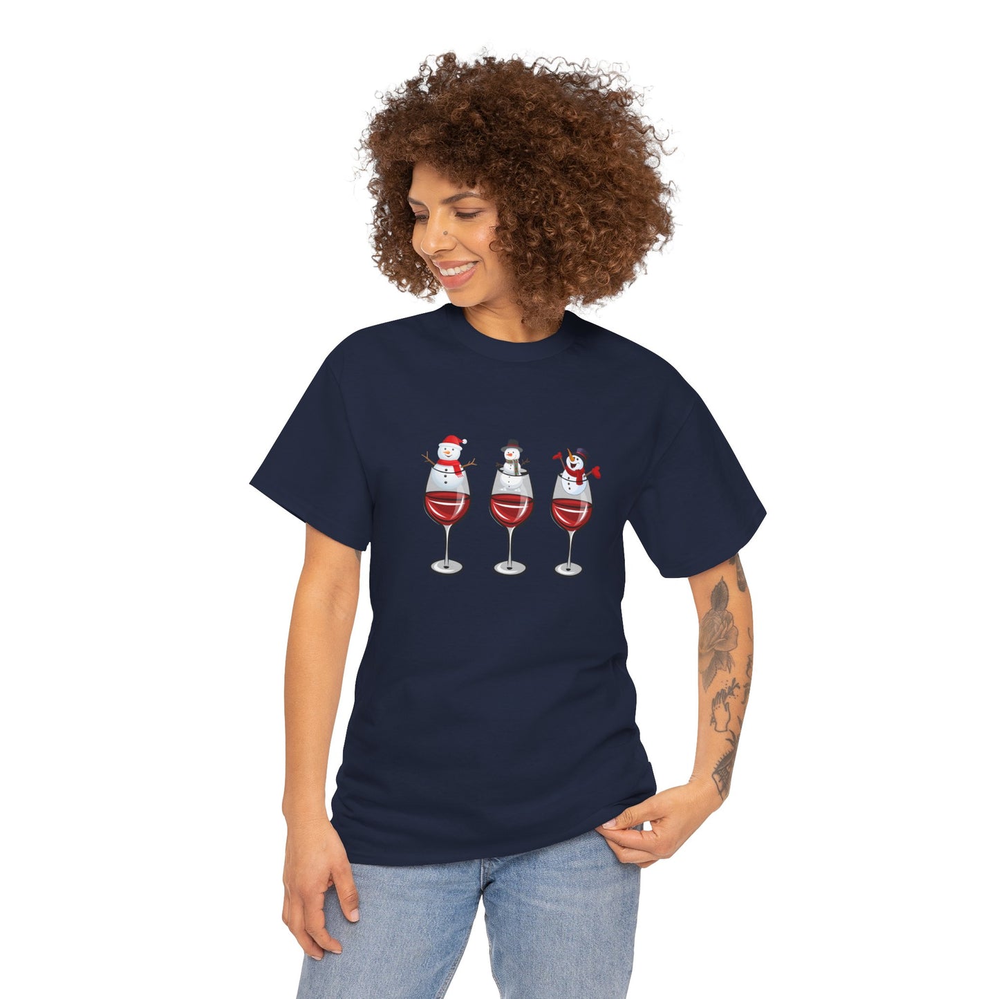 Snowmen & Glass of Wine - Unisex Heavy Cotton Tee