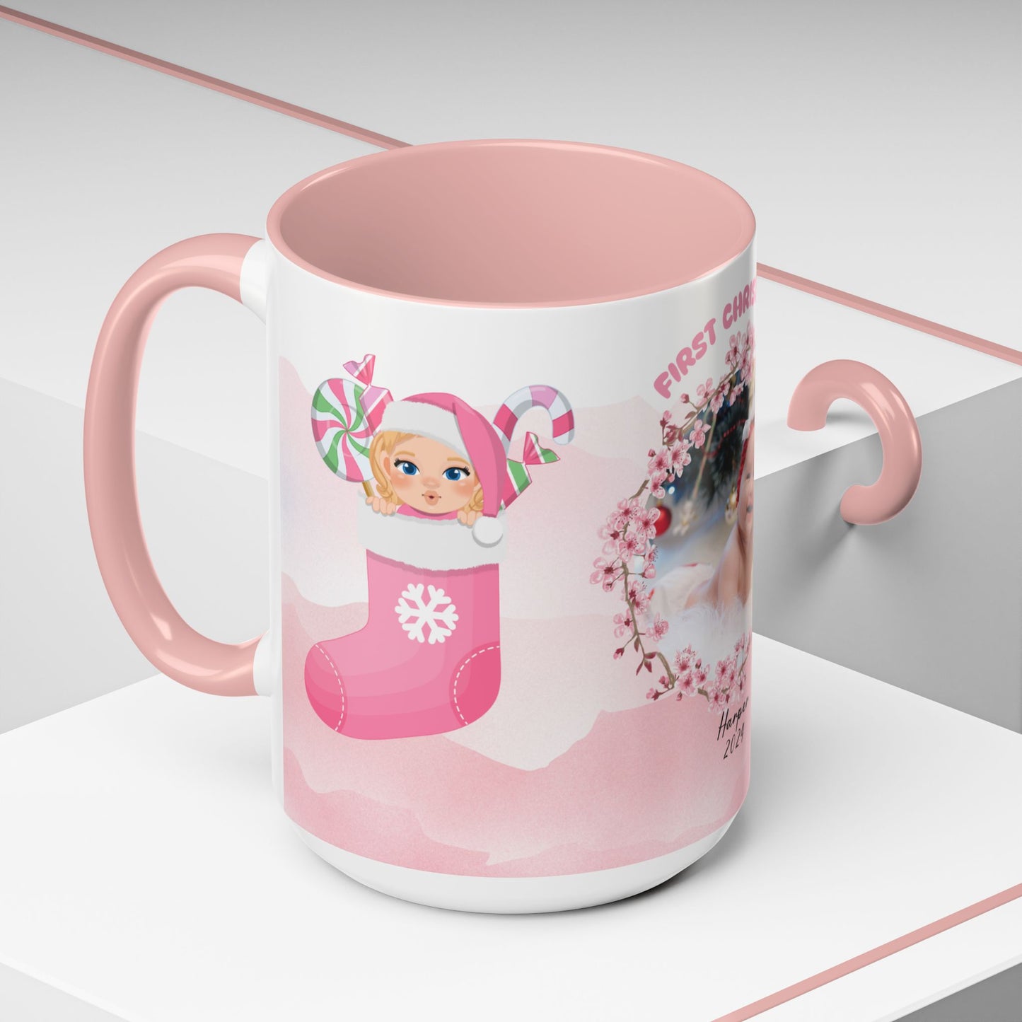 First Christmas, Baby Girl, Customizable - Accent Coffee Mug (11, 15oz) - 10074