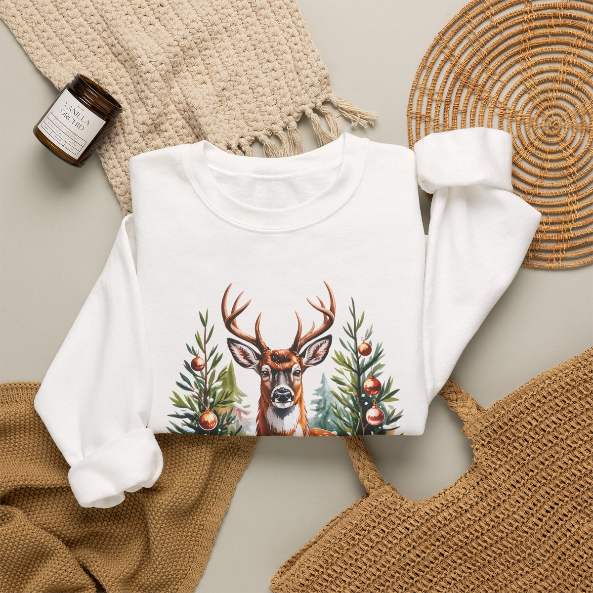 Christmas Deer Sweatshirt, Vintage Woodland Holiday Crewneck - 14562