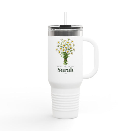 Personalized April Daisy Birth Flower 40oz Insulated Travel Mug – Custom Name Birthday Gift - 14837