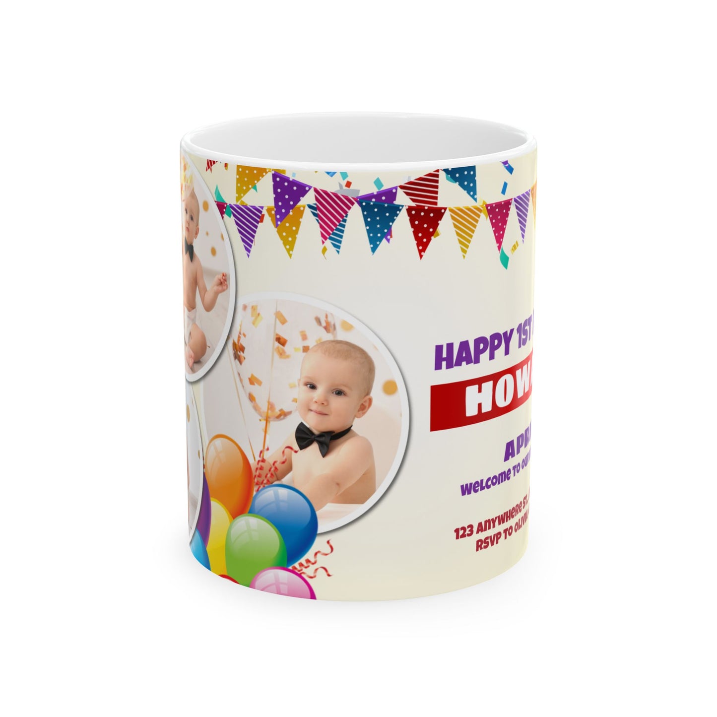 Personalized Birthday Ceramic Mug - Custom 1st Birthday Celebration Cup, Party Favor, Kid's Birthday Gift, Colorful Balloons, Fun Memories - 13997