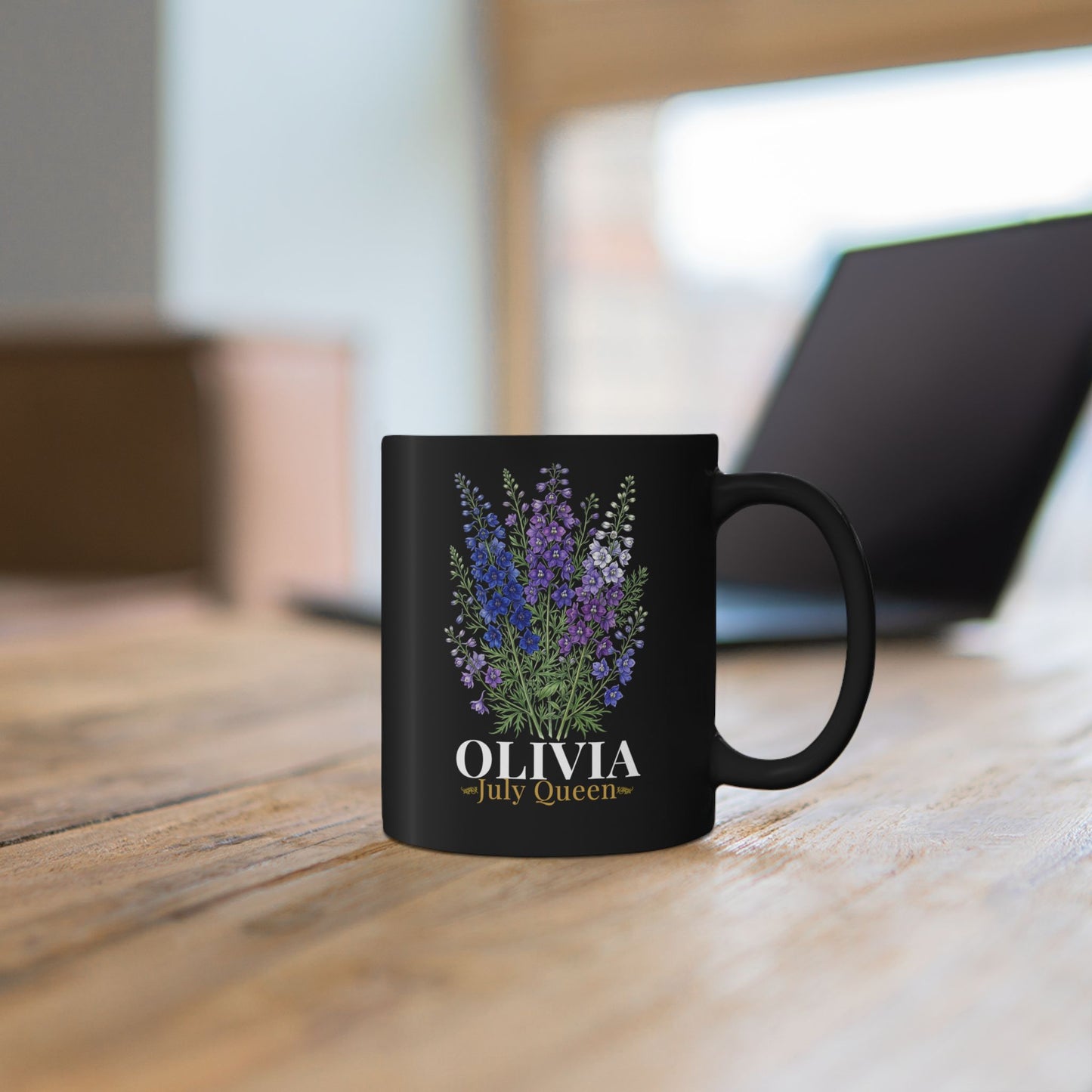 Personalized July Birth Flower Mug – Custom Name Larkspur Floral Coffee Cup, July Queen Gift for Her, Black Mug 11oz 15oz - 14905