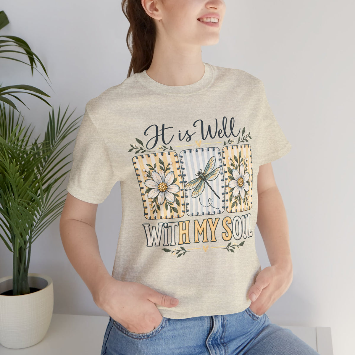 It Is Well With My Soul T-Shirt, Floral Dragonfly Christian Faith Tee - 14991